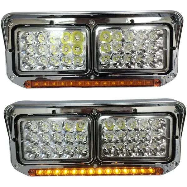 LED Headlight with Bezel and 12&#034;  Amber/Amber LED Light Strip Chrome - LH &amp; RH