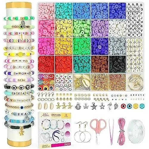 Dowsabel Clay Beads Bracelet Making Kit for Beginner, 5000 Pcs Preppy Polymer Clay Beads with Charms Kit for Jewelry Making, DIY Arts and Crafts Birth