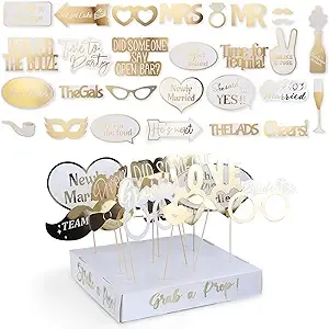 60Pcs Fully Assembled Wedding Photo Booth Props - Prop Stand - Gold Signs - Eleg