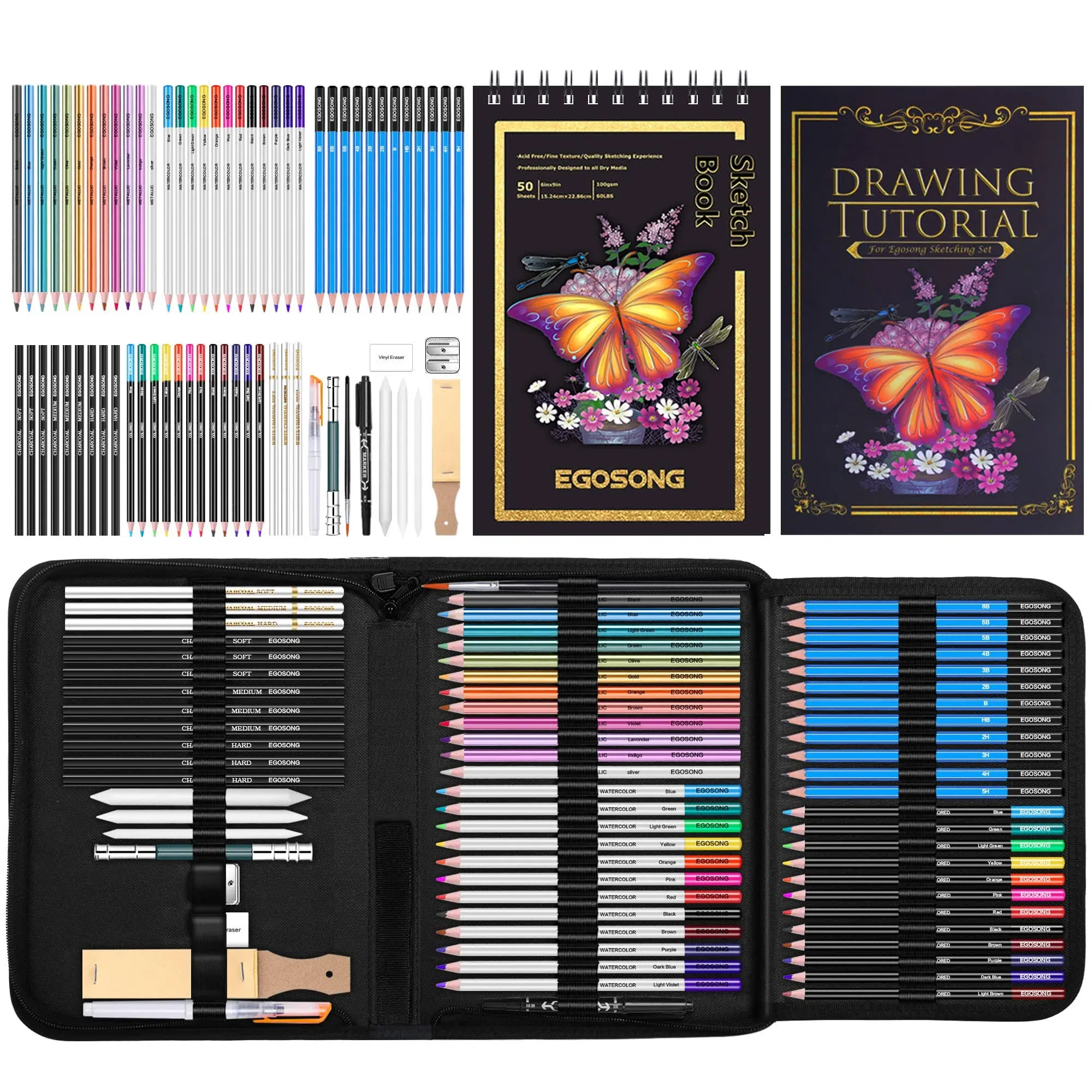 *Professional Drawing Supplies Art Set –73 Piece Sketching Kit with Sketch Book*