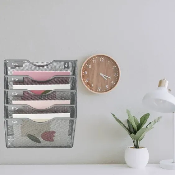 5 Pockets Mesh Hanging Wall File Holder Organizer Wall Mounted Paper Magazine Rack, Silver