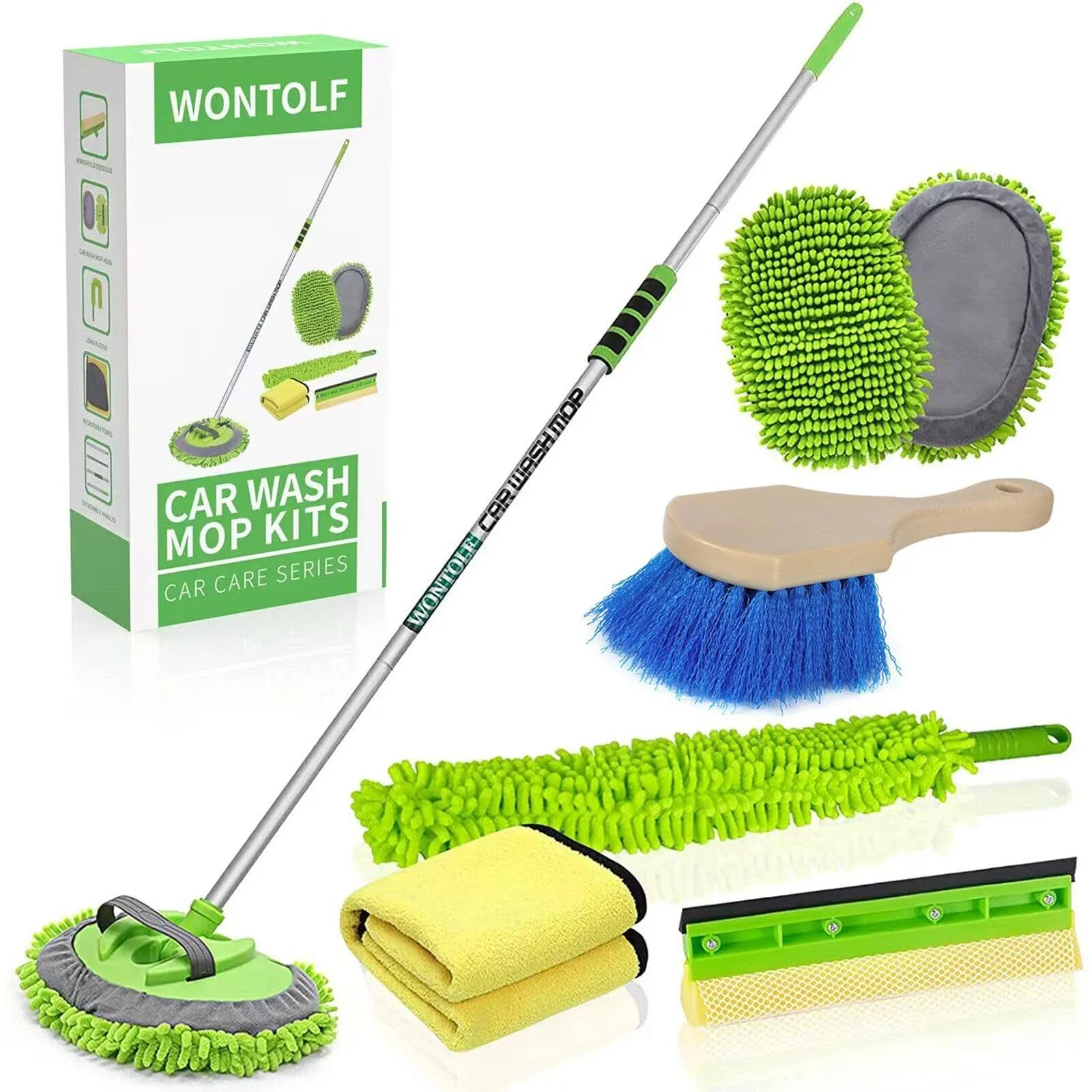 Wontolf 62'' Car Wash Brush with Long Handle Chenille Microfiber Car Wash Mop Mitt Car Washing Brush Cleaning Kit Windshield Window Squeegee Car Duster Microfiber Towels for Cars RV Truck Boat 9PCS