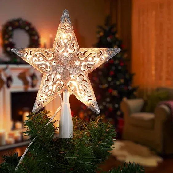 Christmas Star Tree Topper Lighted 8” Hollowed 3D Pentagram Built-in 10 Bulbs Golden Coated Star Treetop Plug in (4 Bulbs & 2 Fuses Spare) for Christmas Decorations Clear Light