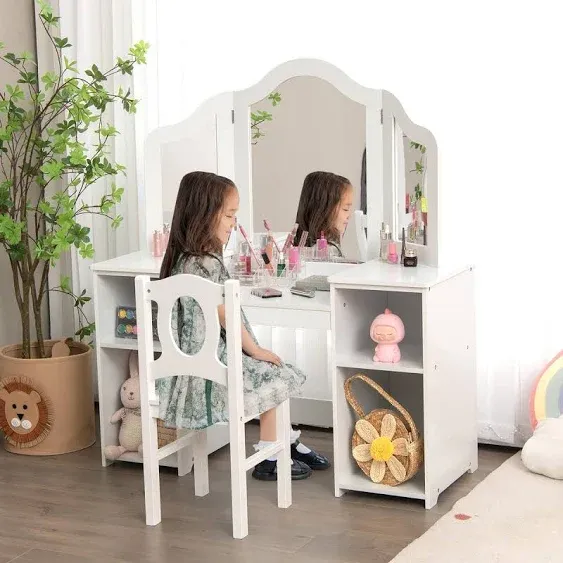 INFANS Kids Vanity, 2 in 1 Princess Makeup Desk & Chair Set, Wooden Dressing Table, Pretend Play Vanity Set for Girls