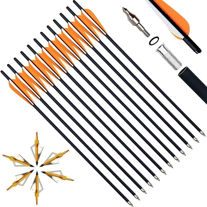 20 Inch Carbon Crossbow Bolts 12 Pack and Hunting Broadheads 6 Pack, Carbon Crossbow Arrows for Hunting and Outdoor Practice