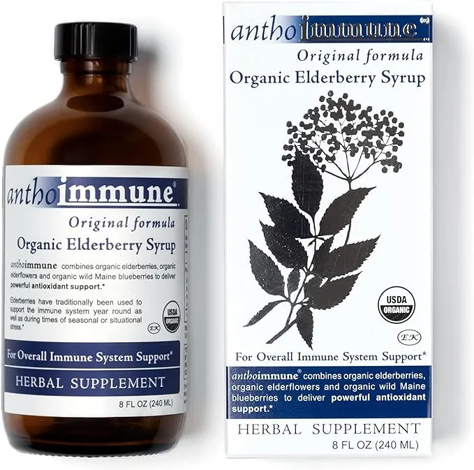 Organic Elderberry Syrup- Anthoimmune -Immune Support Supplement- USDA Certified Organic, Ultra-Premium Highly Potent Black Elderberry Formula 8 floz (48 Servings)