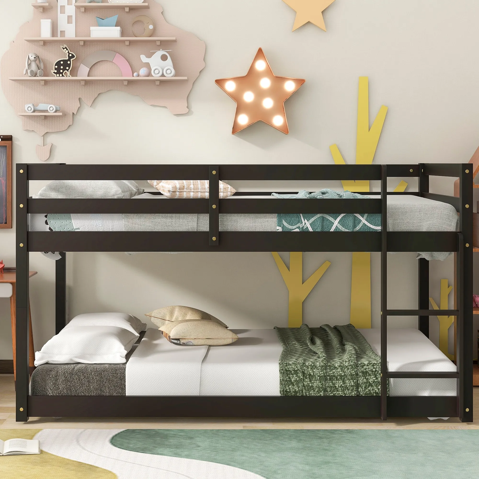 Twin Size Low Bunk Bed, Wood Twin Over Twin Bunk Bed Frame w/ Full Guardrails & Ladder, Floor Bunk Beds for Kids Boys Girls