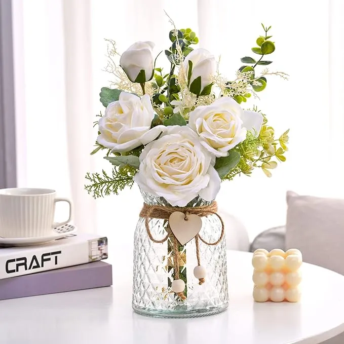 GDSSG Fake Artificial Flowers with Vase,Silk White Rose Flower Arrangements in vase for Home Office Farmhouse Centerpiece Table Decor