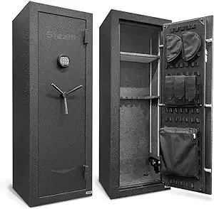 Stealth EGS14 Essential Gun Safe, Fireproof for 30 Minutes, Fits up to 14 Long Guns & Pistols, Adjustable Door Panel Organizer, California DOJ Approved, Internal Power Outlet, Durable Black Paint