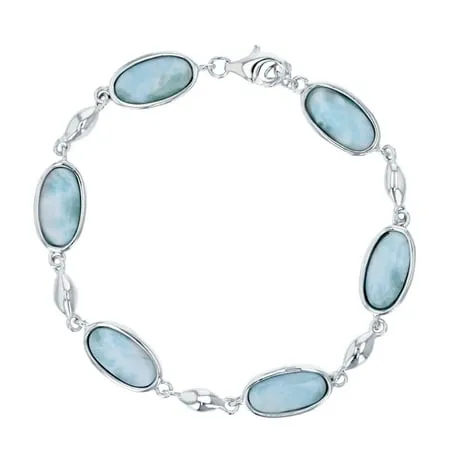 i925 Jewelry Sterling Silver Oval Natural Larimar with Marquise Bead Link Bracelet