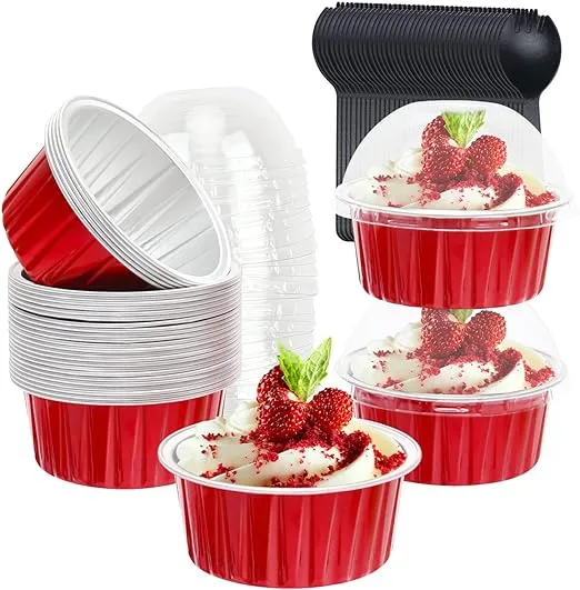 Free-Air Red Cupcake Liners Muffin Tins 50 Pack,Free-Air 5oz Aluminum Foil Baking Cups with Lids,Disposable Ramekins Cupcake Pans,Jumbo M