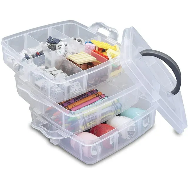 Casewin 3 Layer Stack & Carry Box, Plastic Multipurpose Portable Storage Container Box Handled Organizer Storage Box with Removable Tray for Organizing Sewing, Art Craft, Supplies White