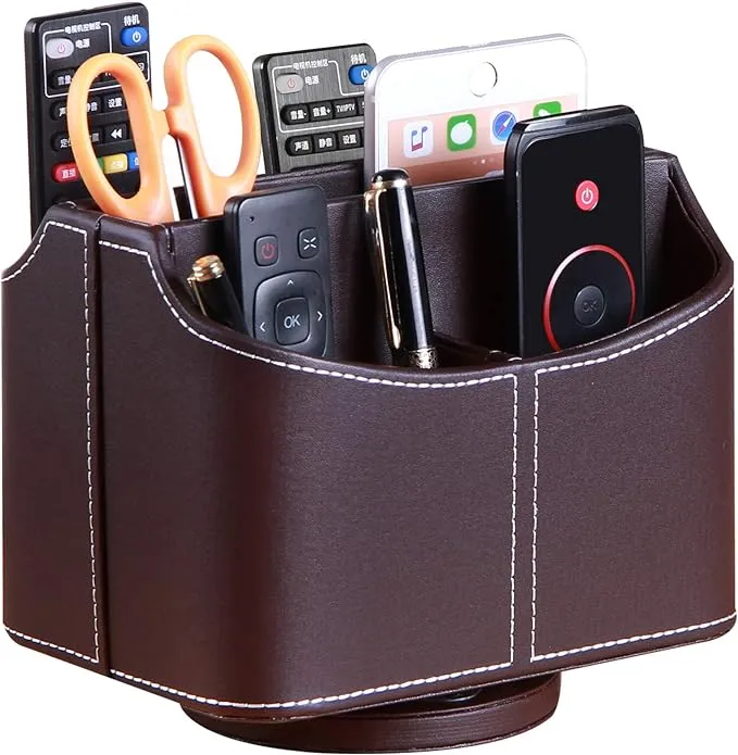 PUSU Remote Control Holder PU Leather 360 Degrees Rotatable Desktop Supply Organizer Storage Box for Controllers Media Stationery Nightstand TV Caddy E-reader iPad Phone Pen/Pencil Cosmetic(Brown)