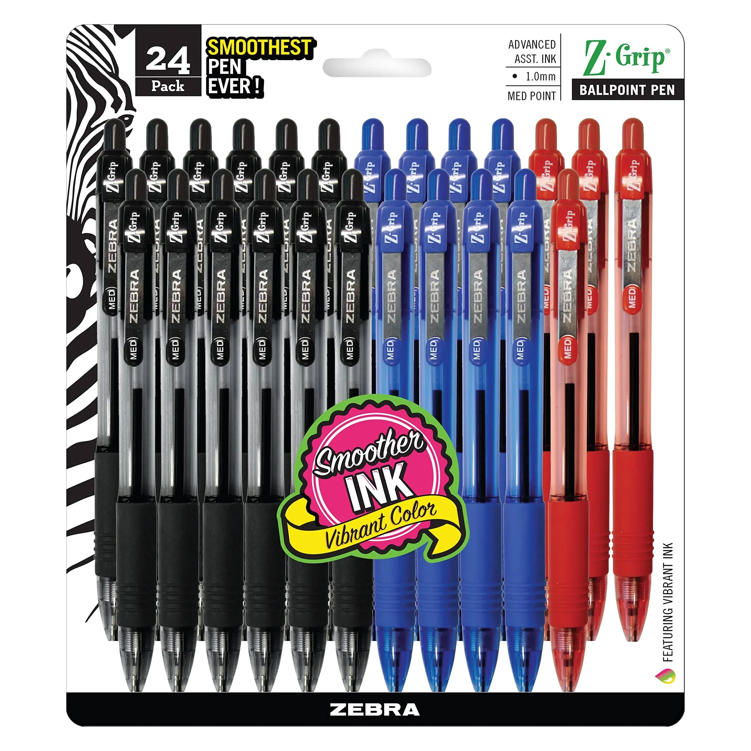 Zebra Z-Grip Retractable Ballpoint Pen, Medium, Assorted - 24 pack