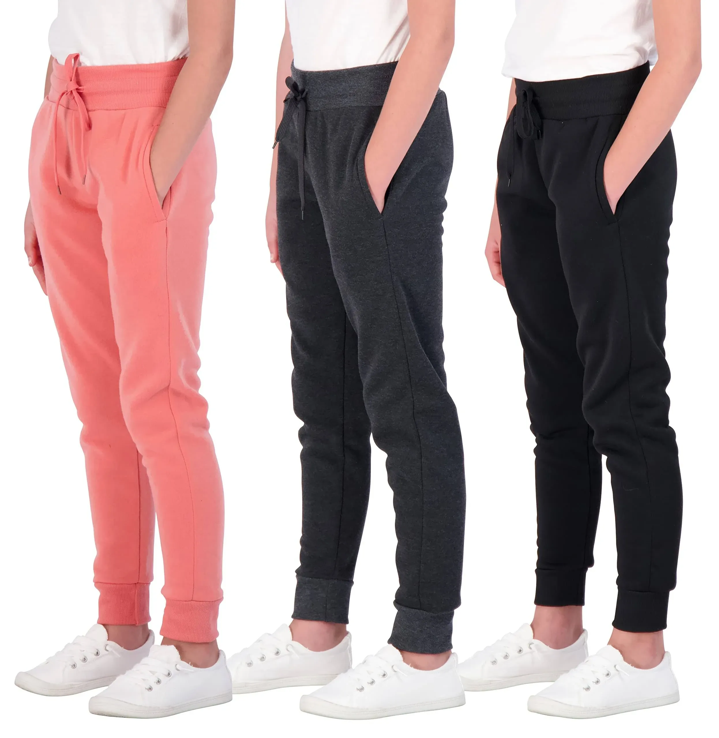 Real Essentials 3 Pack: Girls' Fleece Joggers Soft Active Performance Casual ...