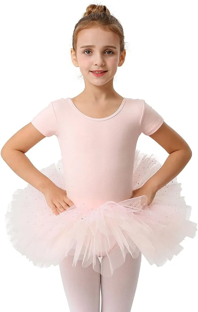 MdnMd Short Sleeve Glitter Dance Ballet Tutu Leotard Ballerina Outfit for Girls Toddler