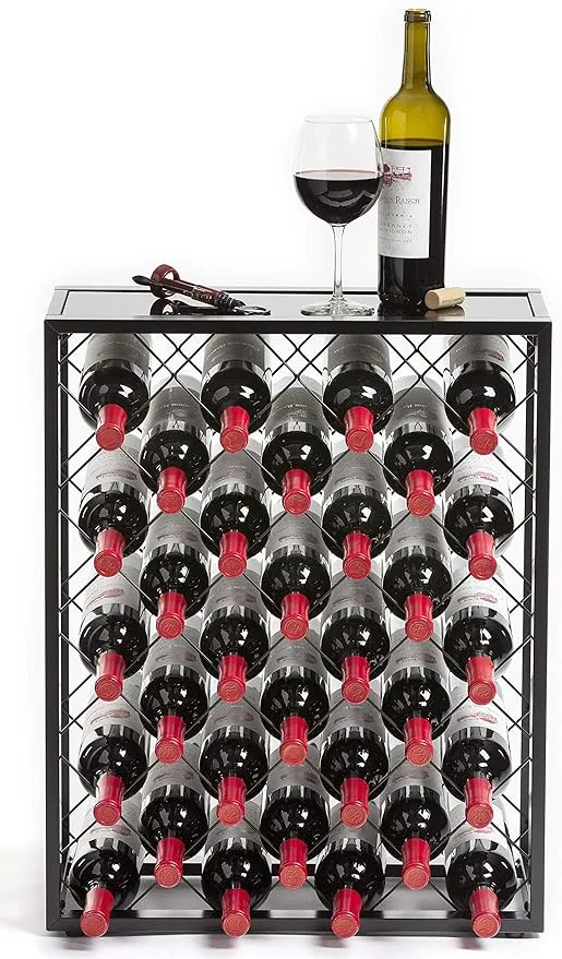 Mango Steam Wine Rack Console with Glass Table Top (34 Bottle, Black)