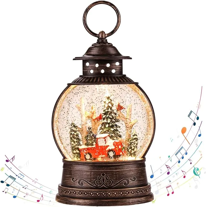 Christmas Snow Globes Lantern, Musical Snow Globe Christmas Decorations Water Lantern, Red Truck and Christmas Tree Scene Rotating Flashing Lanterns, Holiday Decor Xmas Gifts