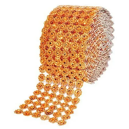 Mandala Crafts Faux Diamond Bling Wrap Faux Rhinestone Crystal Mesh Ribbon Roll for Wedding Party Centerpiece Cake Vase Sparkling Decoration (Flower Pattern 4 Inches 10 Yards Orange)