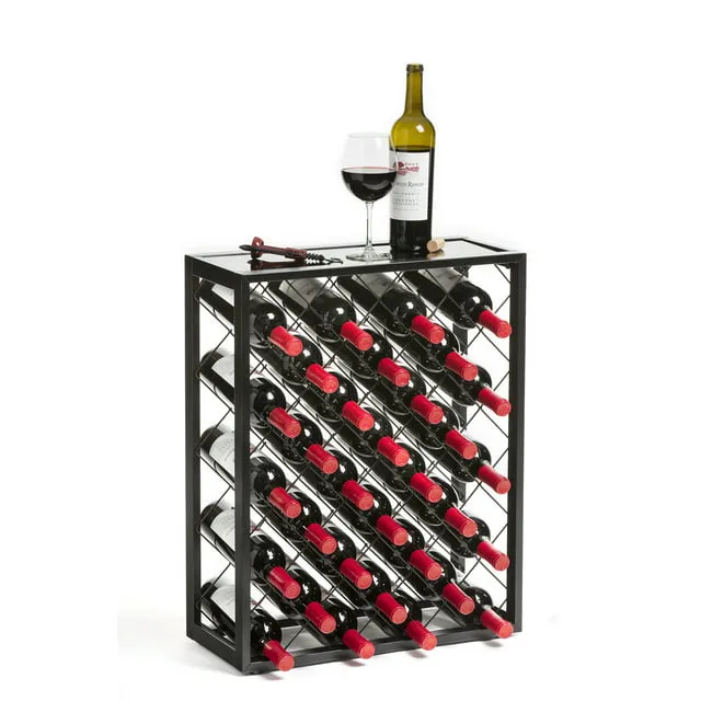 Mango Steam 32 Bottle Gray Wine Rack with Glass Top Shelf, Free Standing for Home, Kitchen and Bar