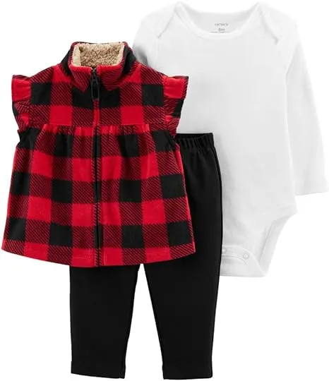 Carter's Baby Girls' 3 Piece Vest Little Jacket Set (Plaid/Red/Black, 24 Months)