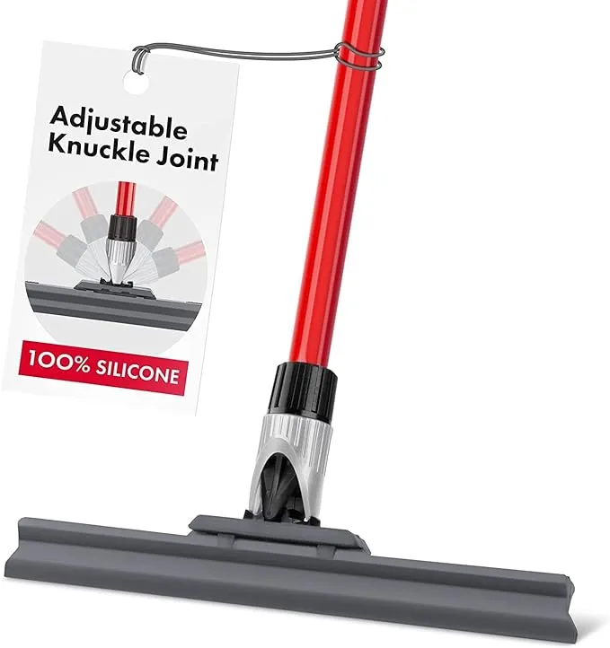 Silicone Floor Squeegee with 55-Inch Long Handle, 12-Inch Single Cast Silicone Blade, 360° Swivel Joint - Multifunction Floor Squeegee for Garage, Concrete Floor, Shower Floor, Glass Windows