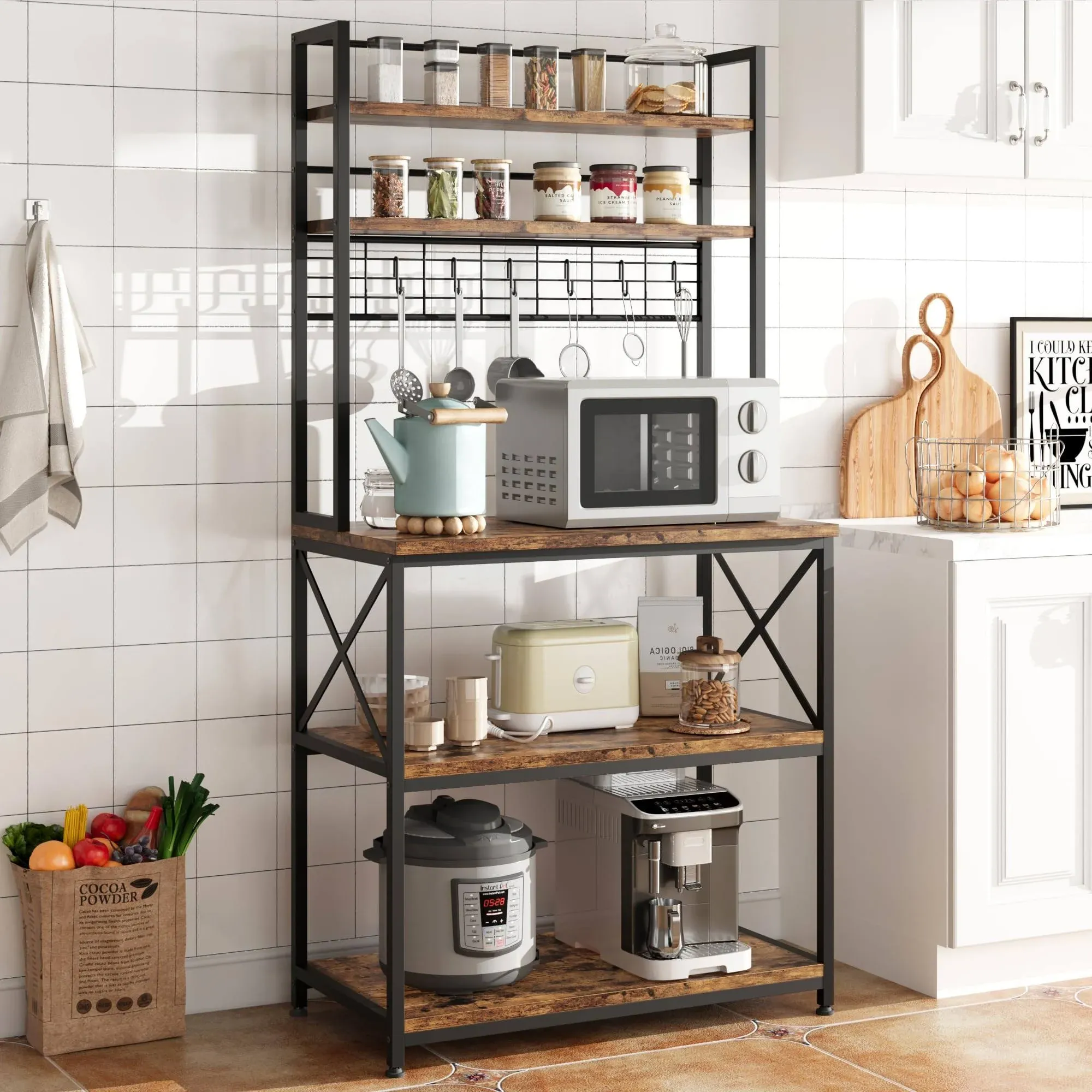 IDEALHOUSE Kitchen Bakers Rack, Microwave Oven Stand with Large Storage, Industrial Coffee Bar Station, 5-Tier Kitchen Utility Storage Shelf with 6 Hooks for Spice, Pots Organizer, Rustic Brown