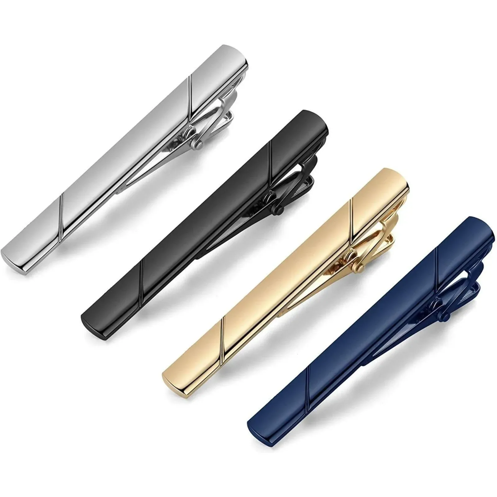  Tie Clips for Men, Black Gold Blue Gray Silver Tie Bar Set for Regular Ties, 