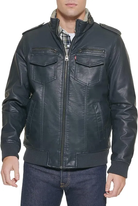 "Levi's Faux Leather Aviator Jacket Polyurethane Polyester Midweight Black M NWT"