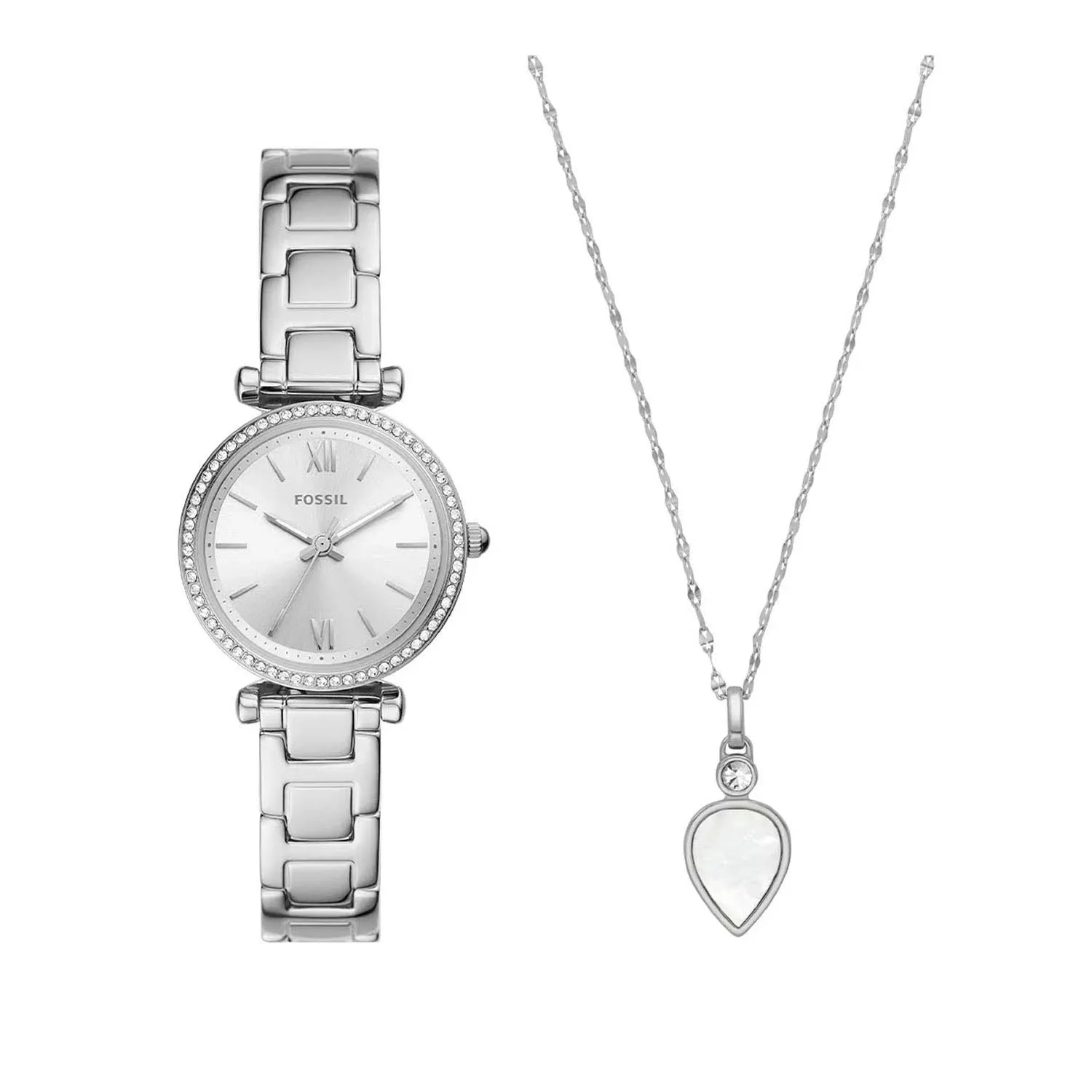 Fossil Women's Carlie Three-Hand Stainless Steel Bracelet Watch and Necklace Set ...