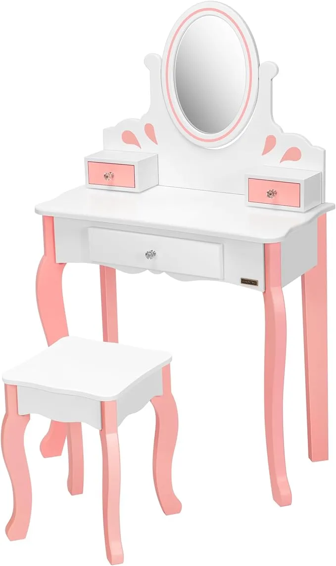 VIVOHOME Kids Vanity Set, Princess MDF Makeup Dressing Table with 360° Rotating Mirror and Drawers for Girls, White