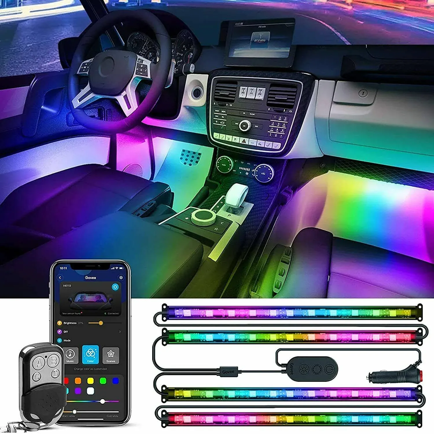 Govee Interior RGBIC Car Lights with Smart App Control, Music Sync Mode, DIY Mode and Multiple Scene Options, 2 Lines Design LED Lights for Cars, Trucks, SUVs