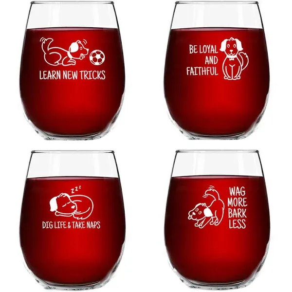 Dog Wisdom Novelty Stemless Wine Glasses Set of 4 | Funny Dog Themed Messages for Pet Owners and Wine Lovers | 15 oz. Funny Dog Wine Glass with Cute Messages | Dishwasher Safe | Made in USA