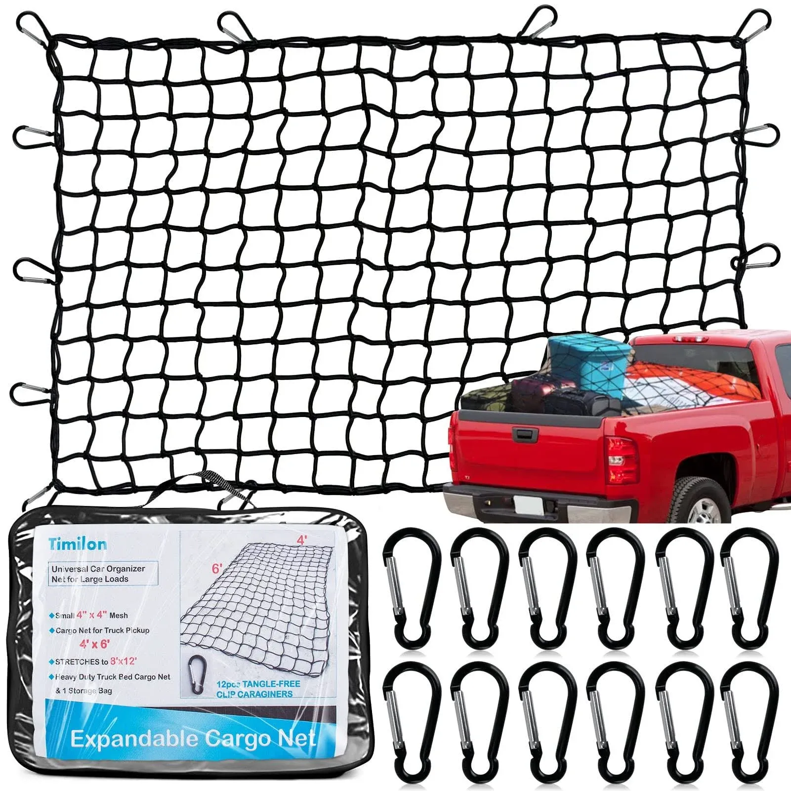 Timilon Cargo Net for Truck Pickup 4'x6' Stretches to 8'x12' Heavy Duty Truck Bed Cargo Net 12 Tangle-Free Clip Carabiners and 1 Storage Bag Small 4"