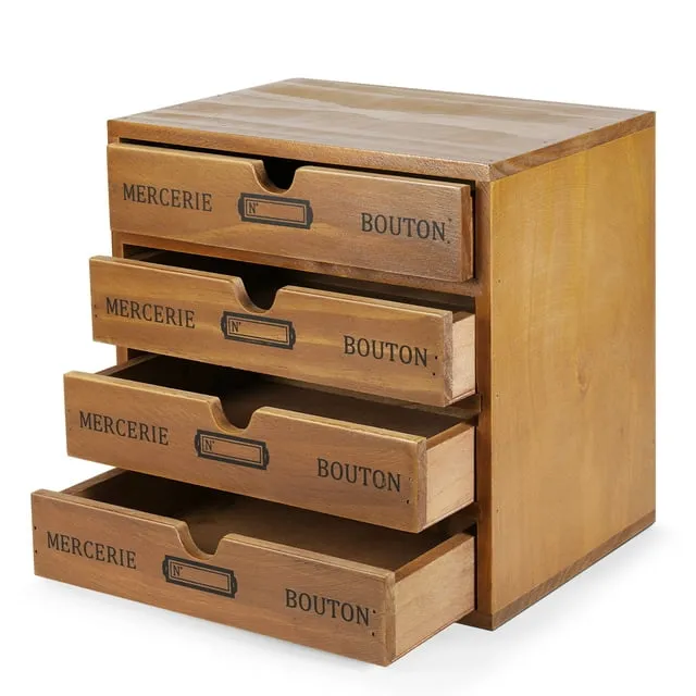 Flexzion Desktop Storage Box with Drawers Wooden 4 Drawer Organizer Card Catalog Cabinet