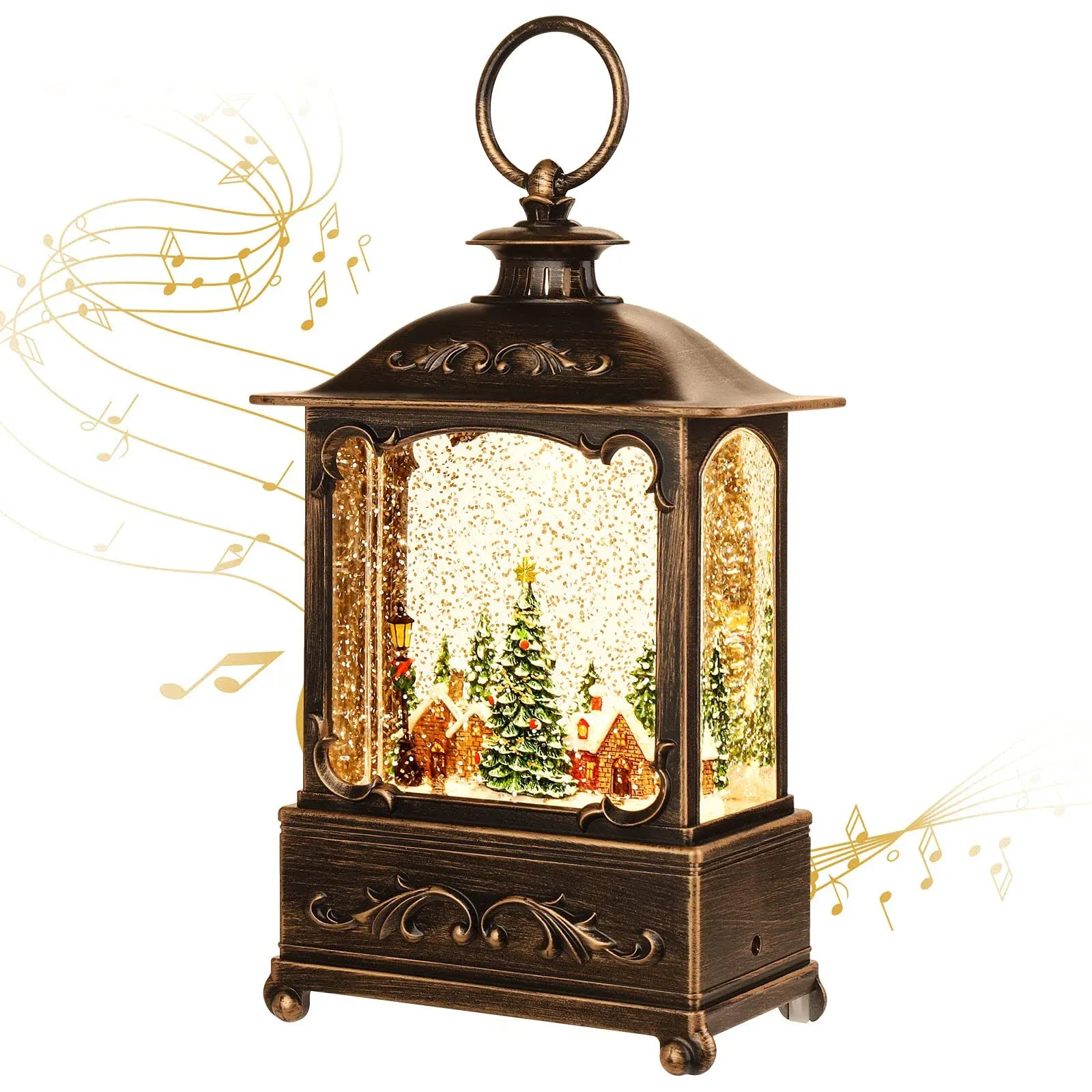 Kampgo Christmas Lantern Lit Christmas Snow Globe Lantern-with USB+ Music ...