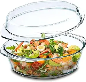 round Glass Casserole Dish: Clear Glass round Casserole Dish with Lid and Handle