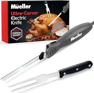 Mueller Ultra-Carver Electric Knife for Carving Meats, Poultry, Bread, Crafting Foam. Stainless Steel Blades, Powerful Motor, Ergonomic Handle, One-Touch On/Off Button, Serving Fork Included, Grey