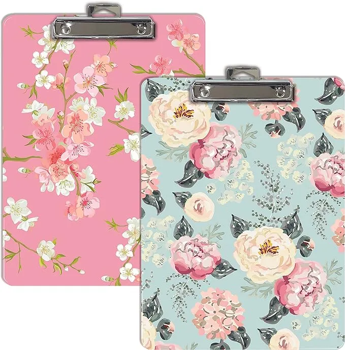 Fashion Clipboard (2 Pack), Standard A4 Letter Size, 12.5" x 9", Wooden Clipboard, Low Profile Clip with Retractable Hanging Tab, Decorative Clipboard, by Better Office Products (Floral Designs)