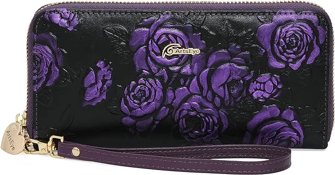 Rose Embossed Genuine Leather Zip Around Wristlet Wallet (Purple)