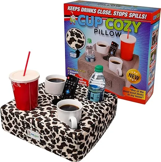 The Original Cup Cozy Pillow Gray-As Seen on TV-The World's Best Couch/Bed/Car Cup Holder for Drinks/Snacks/Remotes! (Cheetah Leopard, 5 Hole)