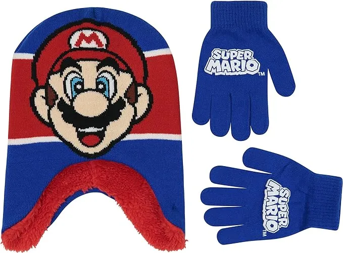 Nintendo boys Winter Hat and Kids Gloves Set, Super Mario Beanie for Ages 4-7Kids Winter Hat