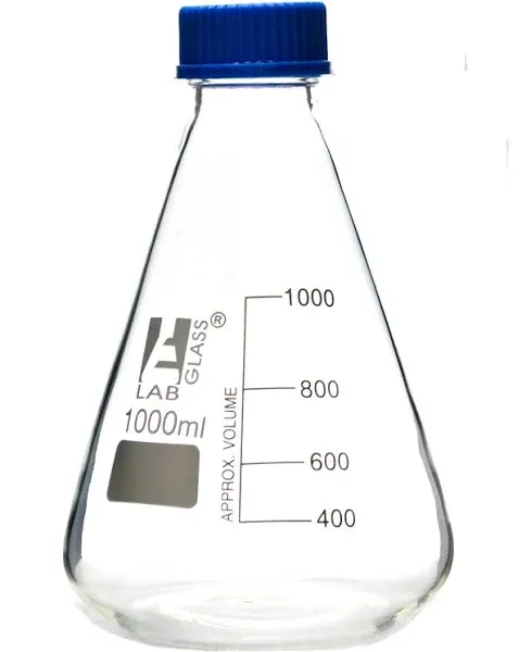 Eisco Erlenmeyer Flask, 1000ml - Borosilicate Glass - with PTFE Screw Cap - Conical Shape - White Graduations