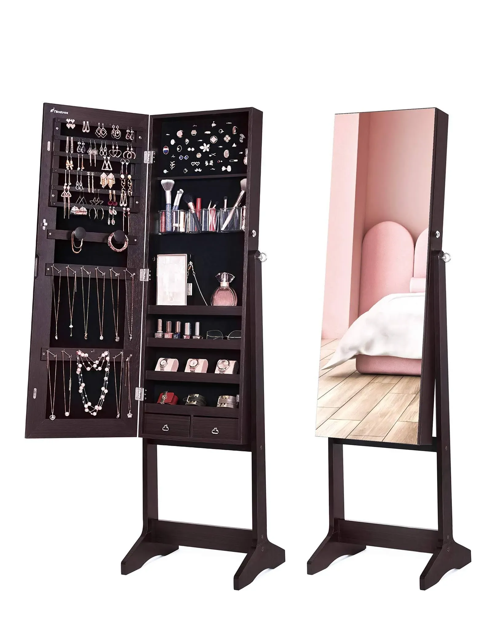 Nicetree Jewelry Cabinet with Full-Length Mirror, Standing Lockable Jewelry Armoire Organizer, 3 Angel Adjustable (Brown)