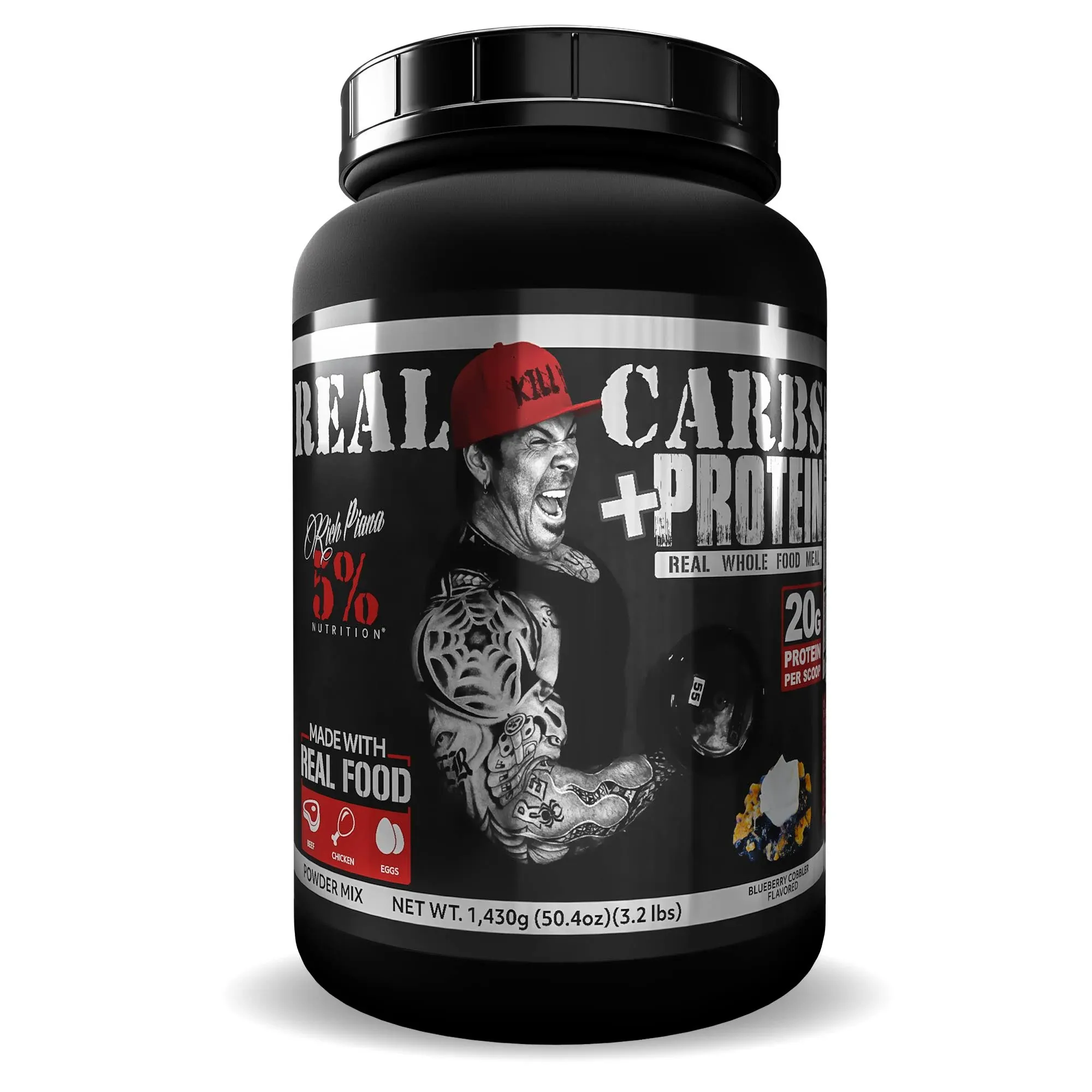 5% Nutrition Rich Piana Real Carbs + Protein | Clean Mass Gainer Protein Powder | Real Food Carbohydrate Fuel for Pre Workout/Post-Workout Recovery Meal | 2.89 lb, 20 Srvgs (Blueberry Cobbler)
