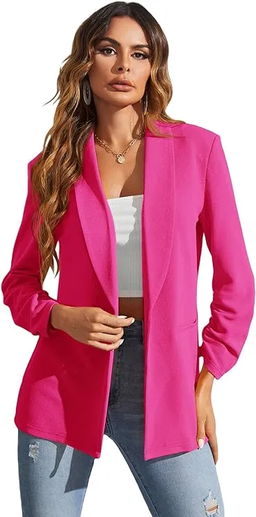 WDIRARA Women's Long Sleeve Open Front Blazer Casual Work Office Jacket