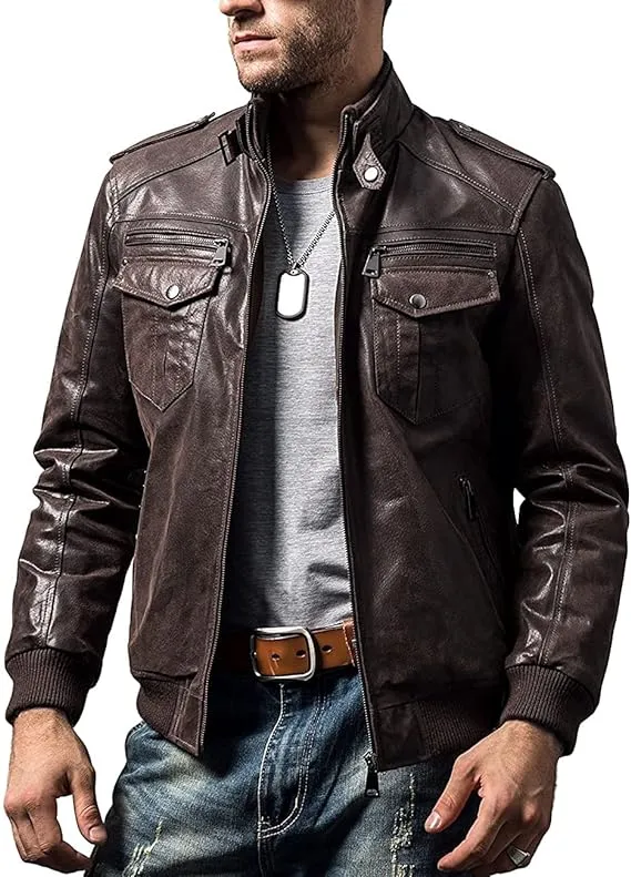 Flavor Men Biker Retro Brown Leather Motorcycle Jacket Genuine Leather Jacket ...