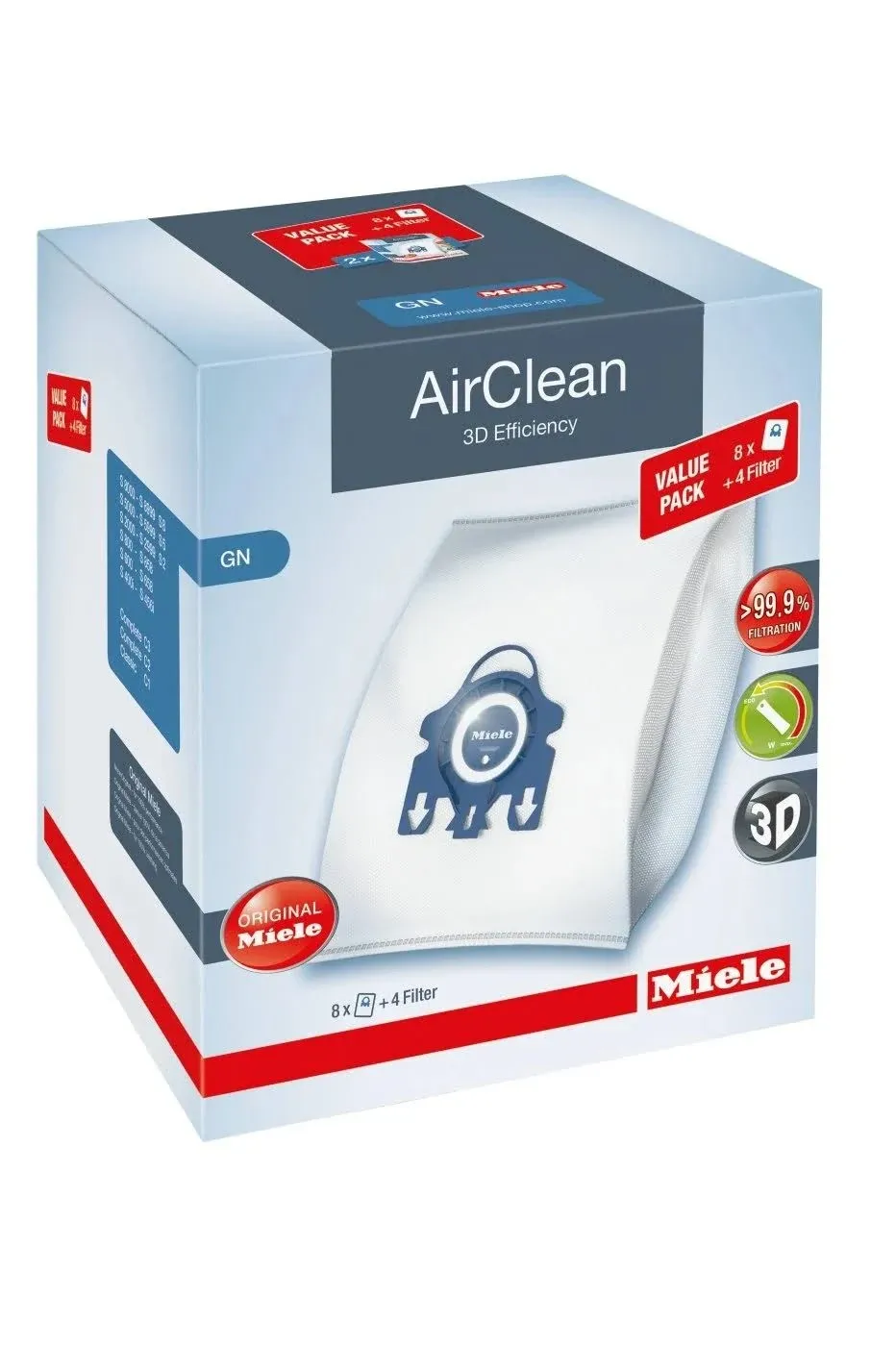 Miele AirClean 3D Efficiency Dust Bag, Type GN, XL Value Pack, 8 Bags  4 Filters