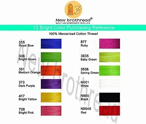 New brothread - 18 Options - Multi-Purpose 100% Mercerized Cotton Threads 50S/3 600M(660Y) Each Spool for Quilting, Serger, Sewing and Embroidery - 12 Bright Colors