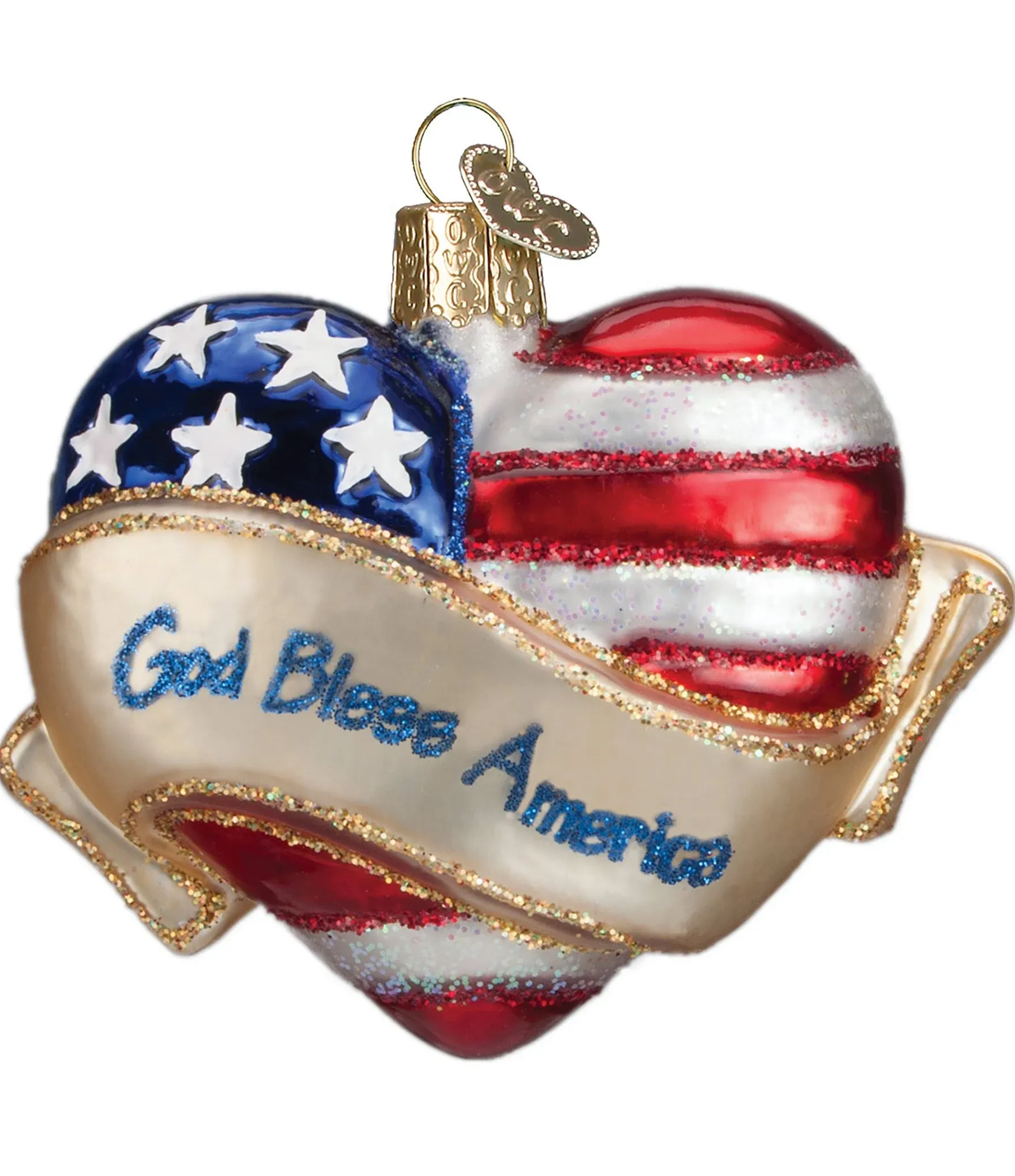 God Bless America Heart Glass Ornament, 3", OWC #30037